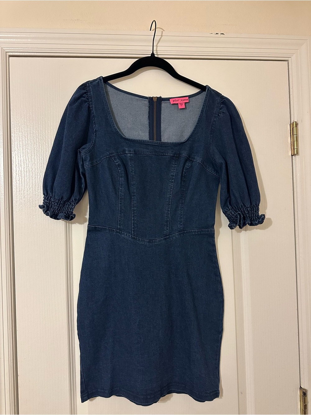 Betsey Johnson Navy Denim Dress with Puff Sleeves NWOT
